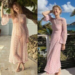 NWT DOEN Adalise Midi Dress Sz Large Tulip Pink Floral Lace Sheer Beach Cover-Up